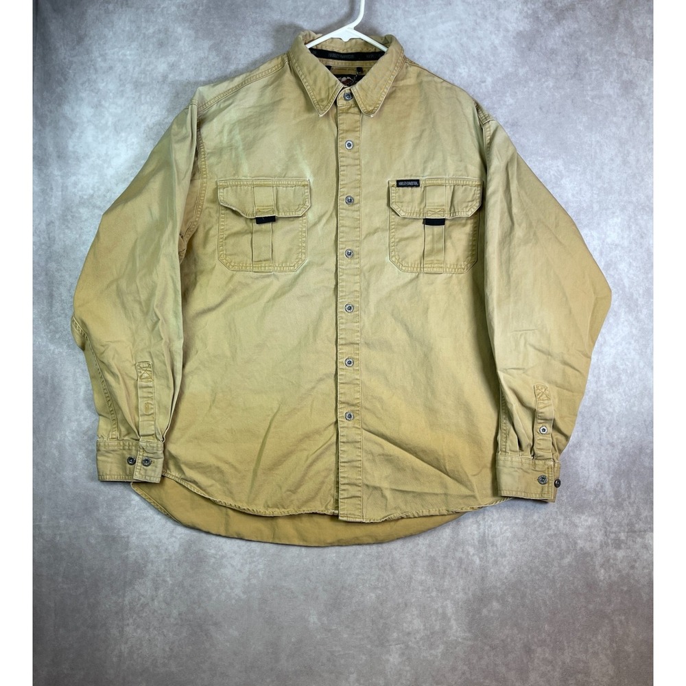 VINTAGE Harley Davidson Shirt Mens XL Tan Button Up Long Sleeve Faded Utility